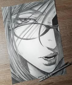 a pencil drawing of a girl with glasses on her face and long hair, looking straight ahead