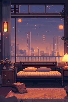 a room with a bed, night lights and a view of the city from it