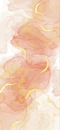 an abstract painting with yellow and pink colors on white paper, in the shape of wavy lines