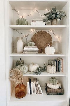 Cozy Fall Bookshelf Decor with Mini Pumpkins