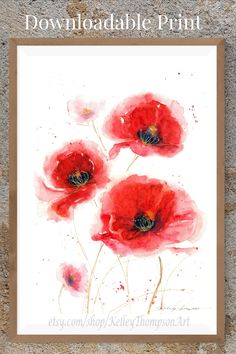 three red flowers are shown in this watercolor painting