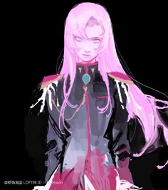 an anime character with pink hair and black clothes, standing in front of a dark background