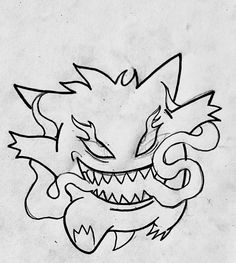 a black and white drawing of a dragon with its mouth open on a paper background