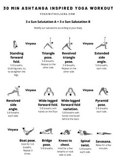 the 30 min ashtanga inspired yoga workout for beginners is shown in black and white