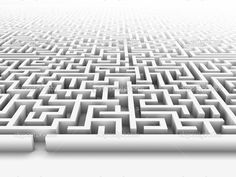 an abstract white maze background with no people or objects in the center and one way to go through it
