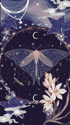 a drawing of a butterfly and flowers in the night sky