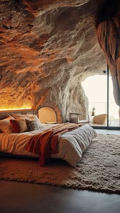 a large bed sitting in the middle of a bedroom next to a cave like structure