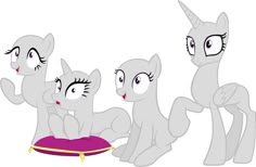 three little ponys sitting on top of a pillow with their eyes closed and one is looking at the camera