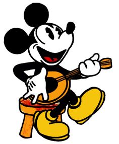 mickey mouse playing the guitar while sitting on a stool