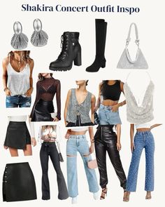 several different types of women's clothing and shoes with the caption shakira concert outfit inspo