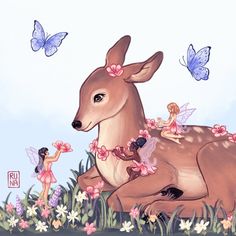 a painting of a deer and fairy sitting on it's back in the grass