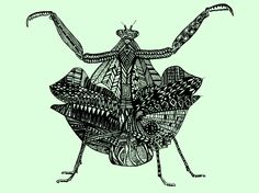 a black and white drawing of a bug on a light green background with an intricate pattern