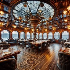 an ornate dining room with large windows and wooden tables set up for two people to eat