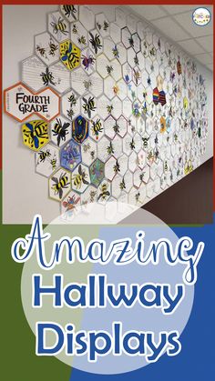 the front cover of an amazing hallway displays with bees and honeycombs on it