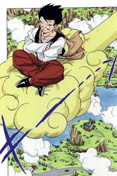an image of a man sitting on top of a cloud with clouds in the background