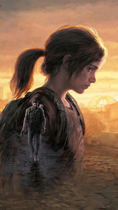 a woman standing next to a man in the middle of a desert with an orange sky behind her