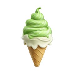 an ice cream cone with green and white icing on it's top, in front of a white background