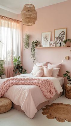 a bedroom with pink walls and bedding in the corner, potted plants on the wall