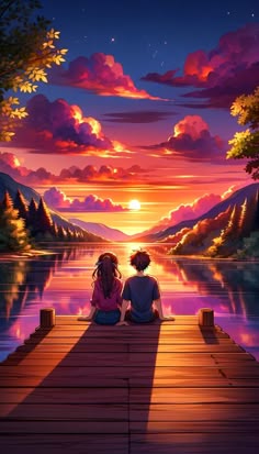 two people sitting on a dock watching the sunset