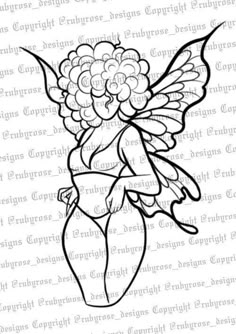 a black and white drawing of a fairy with flowers on her back, in the shape of a flower