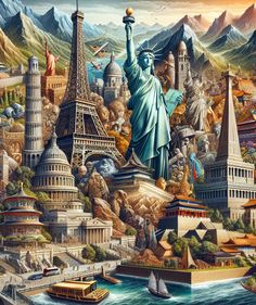 a painting of the statue of liberty surrounded by other buildings and landmarks, with mountains in the background