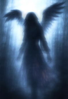 an angel standing in the middle of a forest with its wings spread out and glowing