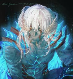 an anime character with white hair and blue eyes, holding his hands on his chest