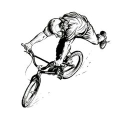 an ink drawing of a man riding a bike in the air with his legs spread out