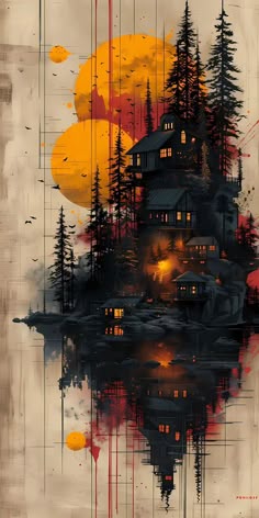 an abstract painting with trees and houses on the water at sunset or sunrise, painted in acrylic paint