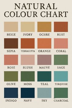 the color chart for different shades of natural and non - native colors, including red, green