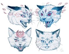 four drawings of cats with different facial expressions