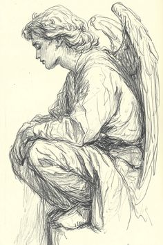 a drawing of an angel sitting on top of a chair with his hands in his lap