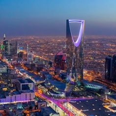 an aerial view of the city at night