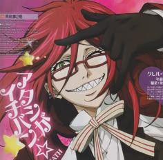an anime character with red hair and glasses