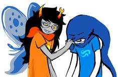 an image of two cartoon characters with blue and orange hair, one is touching the other's face