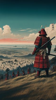 a painting of two samurais standing on top of a hill