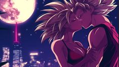an anime character is kissing in front of a full moon and cityscape at night