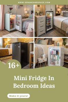 mini fridge in bedroom ideas with text overlay that reads, 16 + mini fridge in bedroom ideas make it yours