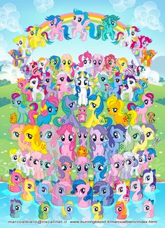 a bunch of little ponys are in the water with a rainbow above them and clouds behind them
