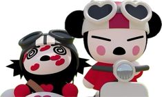two cartoon characters are standing next to each other with heart shaped glasses on their faces