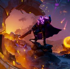 a screenshot of an animated character standing on top of a rock in a futuristic environment