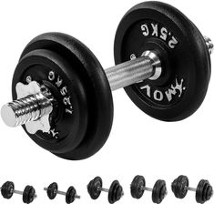 two black dumbbells and six sets of barbells