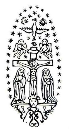 an image of the crucifix with three people on it and stars in the background