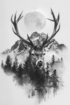 a black and white photo of a deer in the woods with mountains behind it, under a full moon