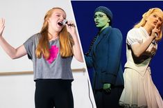 two women singing into microphones in front of a white wall and an image of the same woman with red hair