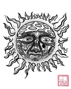 a drawing of the sun with many different faces on it's face and flames coming out