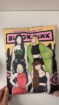 someone is holding up a pillow that has three women on it and the words, black ink