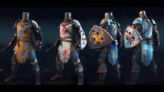 the armor worn by medieval knights is shown in three different poses, including one with a shield and two with swords