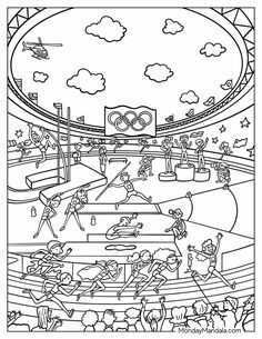 an olympic coloring page with the olympics logo on it and people playing in the background