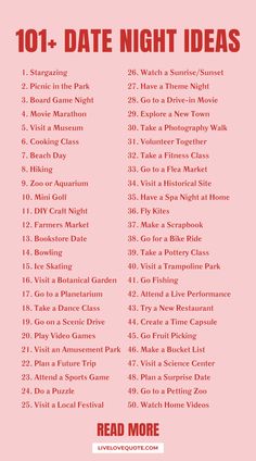 a pink poster with the words 101 - date night ideas in red and white on it
